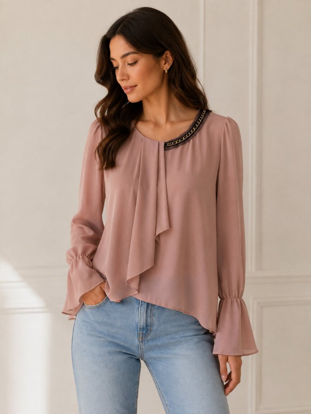 Rinascimento Italy Blush Pink Chiffon Blouse S Chain Trim Ruffle Sleeve 0797